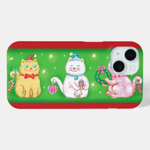 Cute Cartoon Meowy Christmas Cats in Santa Hats iPhone 15 Case