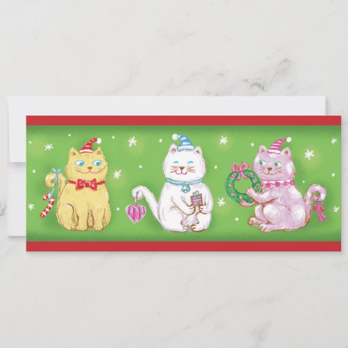 Cute Cartoon Meowy Christmas Cats in Santa Hats Holiday Card