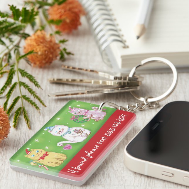 Cute Cartoon Meowy Christmas Cats in Santa Hats Keychain (Front Right)