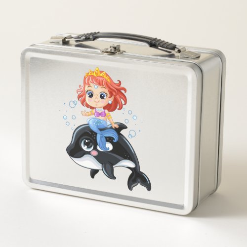 Cute cartoon mermaid and orca metal lunch box