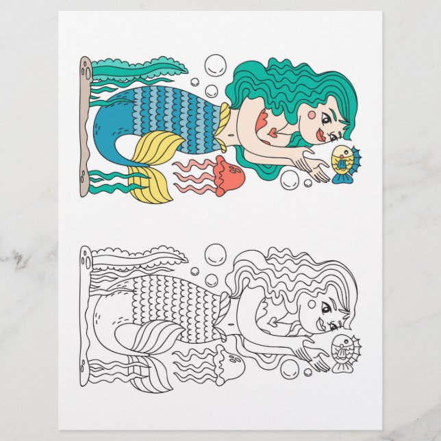 Cute Cartoon mermaid coloring page (Front)