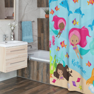 Cute Cartoon Mermaid Girl Under the Sea Bathroom Shower Curtain
