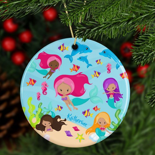 Cute Cartoon Mermaid Girl Under the Sea Christmas Ceramic Ornament
