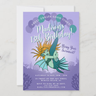 Cute Cartoon Mermaid Girly Purple 13th Birthday Invitation