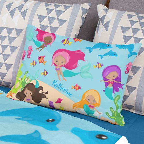 Cute Cartoon Mermaid Little Girl Under the Sea Accent Pillow