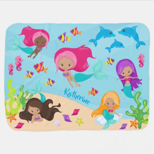 Cute Cartoon Mermaid Little Girl Under the Sea Baby Blanket