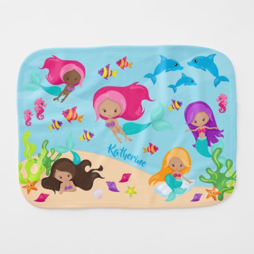 Cute Cartoon Mermaid Little Girl Under the Sea Baby Burp Cloth