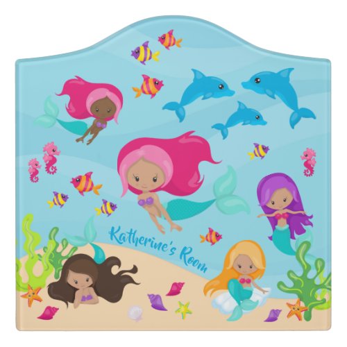 Cute Cartoon Mermaid Little Girl Under the Sea Door Sign