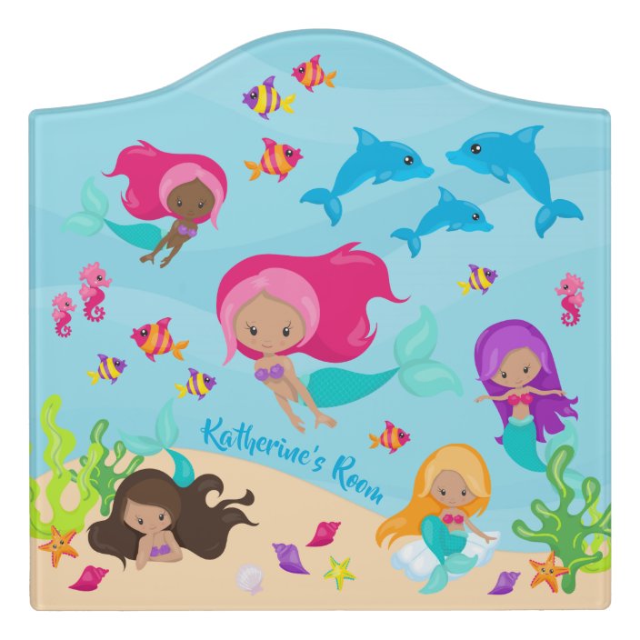 Cute Cartoon Mermaid Little Girl Under The Sea Door Sign Zazzle Com