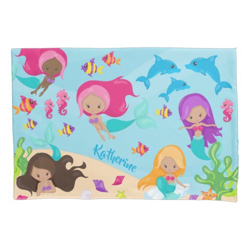 Cute Cartoon Mermaid Little Girl Under the Sea Pillow Case