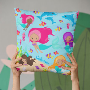 Cute Cartoon Mermaid Little Girl Under the Sea Throw Pillow