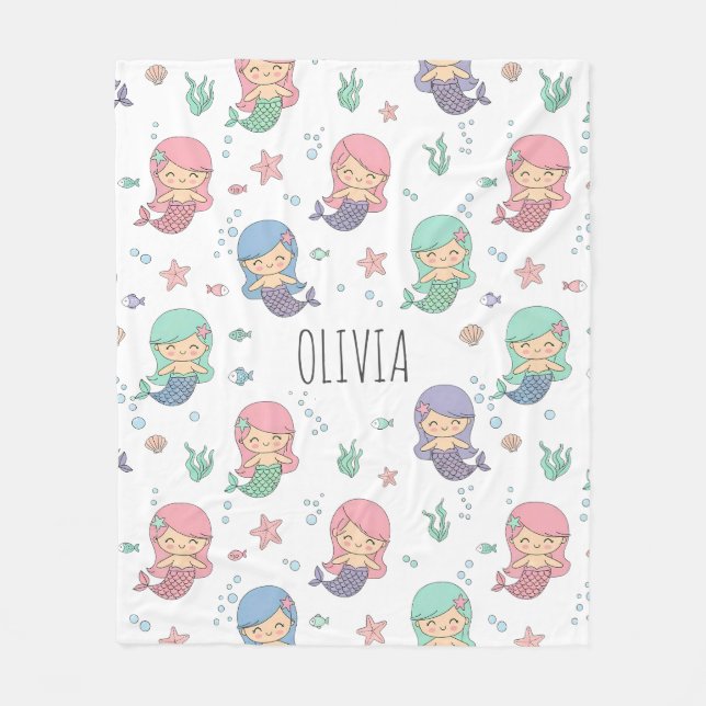 Cute Cartoon Mermaid Pattern Fleece Blanket (Front)