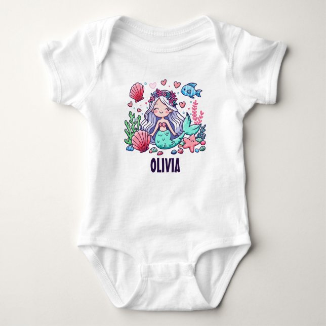 Cute Cartoon Mermaid Personalized  Baby Bodysuit (Front)
