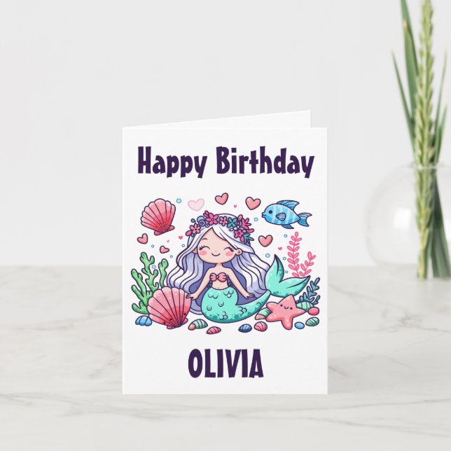 Cute Cartoon Mermaid Personalized Birthday Card (Front)