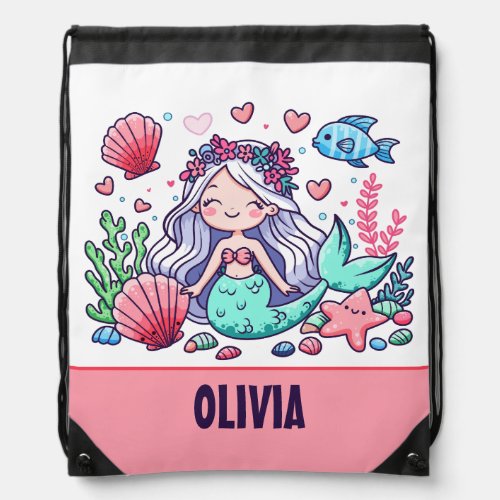 Cute Cartoon Mermaid Personalized  Drawstring Bag