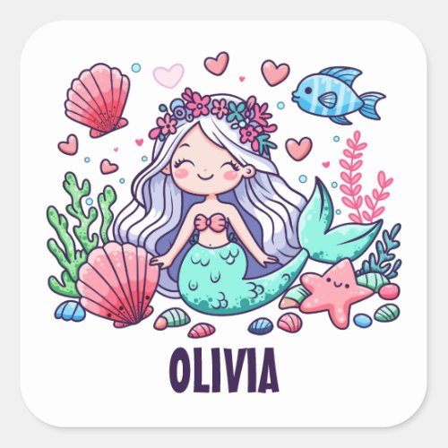 Cute Cartoon Mermaid Personalized  Square Sticker