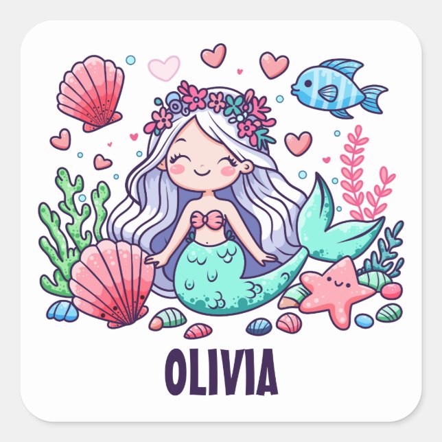 Cute Cartoon Mermaid Personalized  Square Sticker (Front)