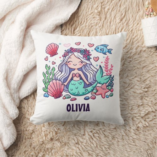 Cute Cartoon Mermaid Personalized  Throw Pillow