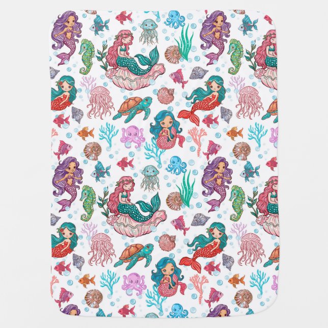 Cute cartoon mermaids on white background baby blanket (Front)