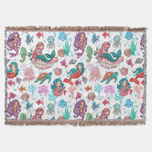 Cute cartoon mermaids on white background throw blanket (Front)