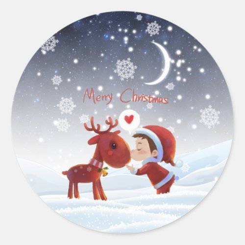Cute Cartoon Merry Christmas Boy Kissing Reindeer Classic Round Sticker