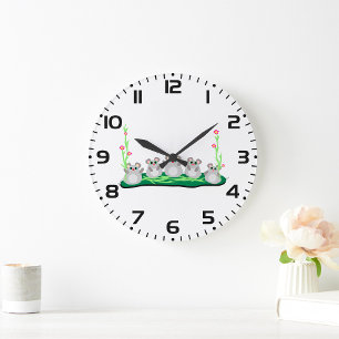 Cute Cartoon Mice on Grass with Flowers Large Clock