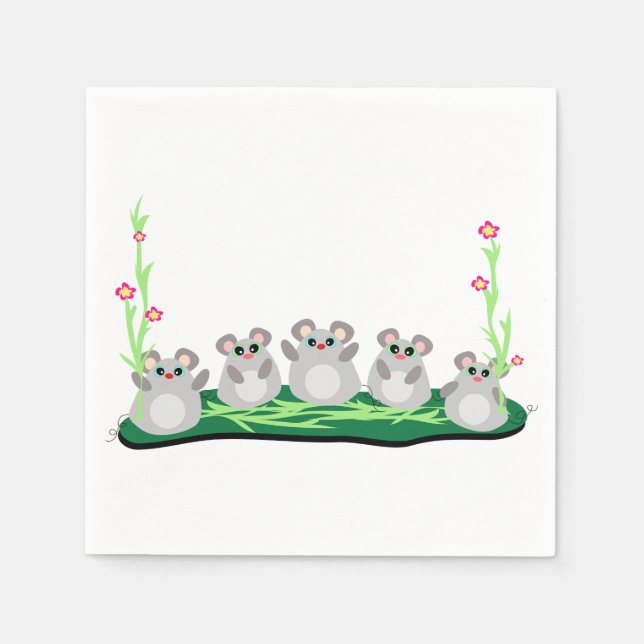 Cute Cartoon Mice on Grass with Flowers  Paper Napkins (Front)