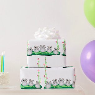 Cute Cartoon Mice on Grass with Flowers  Wrapping Paper