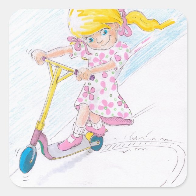 Cute Cartoon Microscooter Girl Micro Scooter Square Sticker (Front)