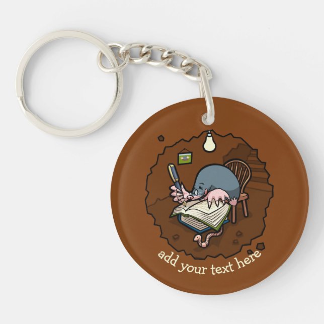 Cute Cartoon Mole Novelist Writing Book In Burrow Keychain (Front)