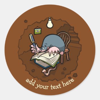 Cute Cartoon Mole Student Writing Book In Burrow Classic Round Sticker by NoodleWings at Zazzle