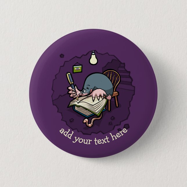 Cute Cartoon Mole Writer Or Student With Books Button (Front)