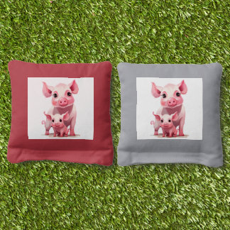Cute Cartoon Momma Pig and Baby Piglet Cornhole Bags