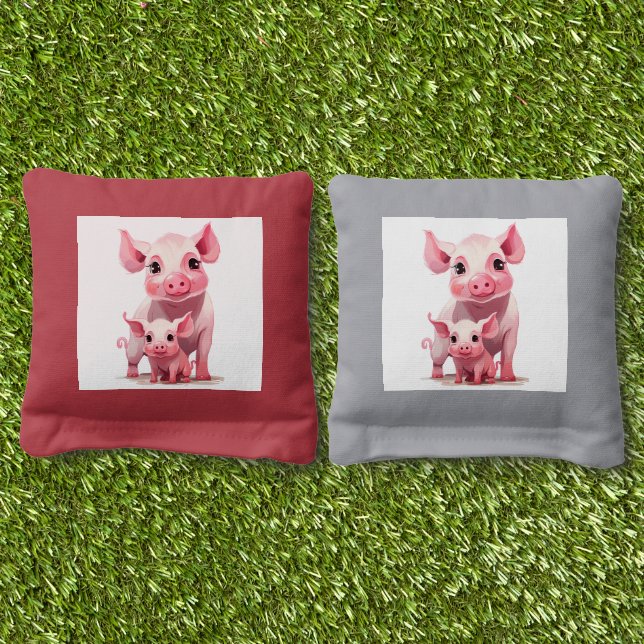 Cute Cartoon Momma Pig and Baby Piglet Cornhole Bags (Grass)