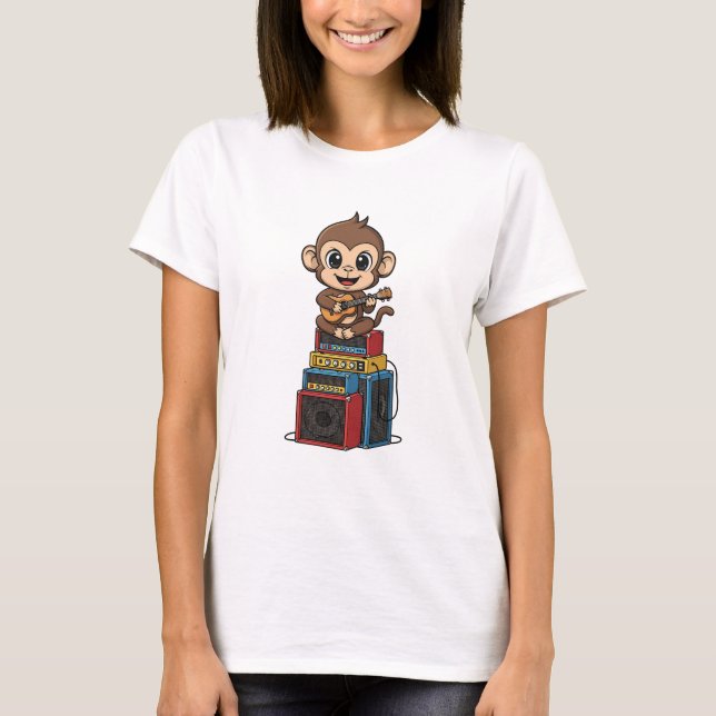 Cute Cartoon Monkey Musician Playing Ukulele T-Shirt (Front)