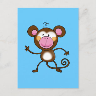 Cute Cartoon Monkey on Blue Postcard