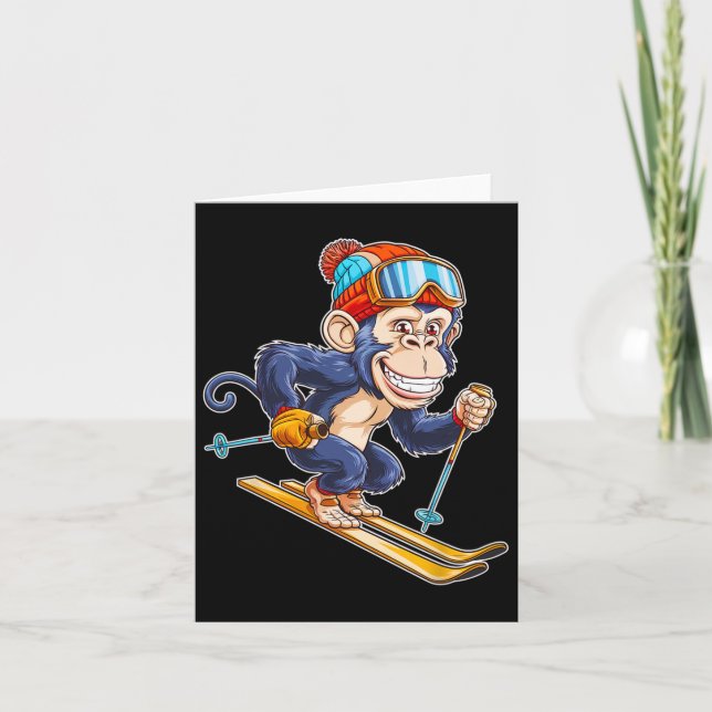 Cute Cartoon Monkey Skiing With Skis  Card (Front)
