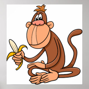 Cute Cartoon Monkey with Banana Funny Animal Poster