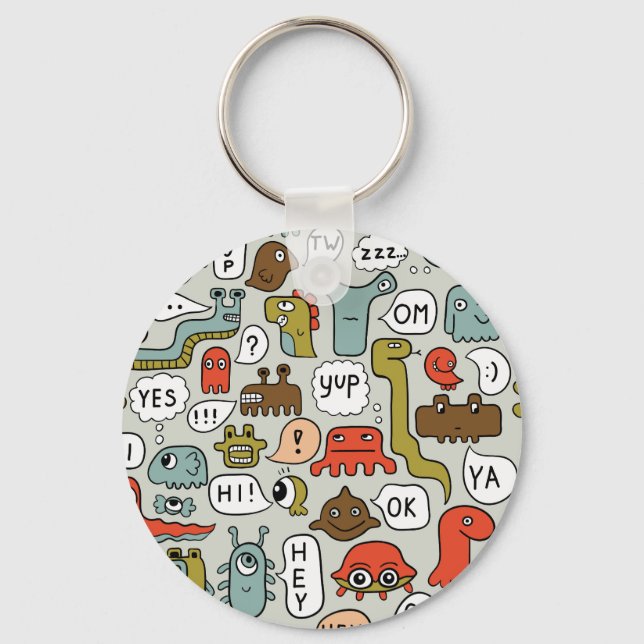 Cute Cartoon Monsters: Seamless Background Keychain (Front)