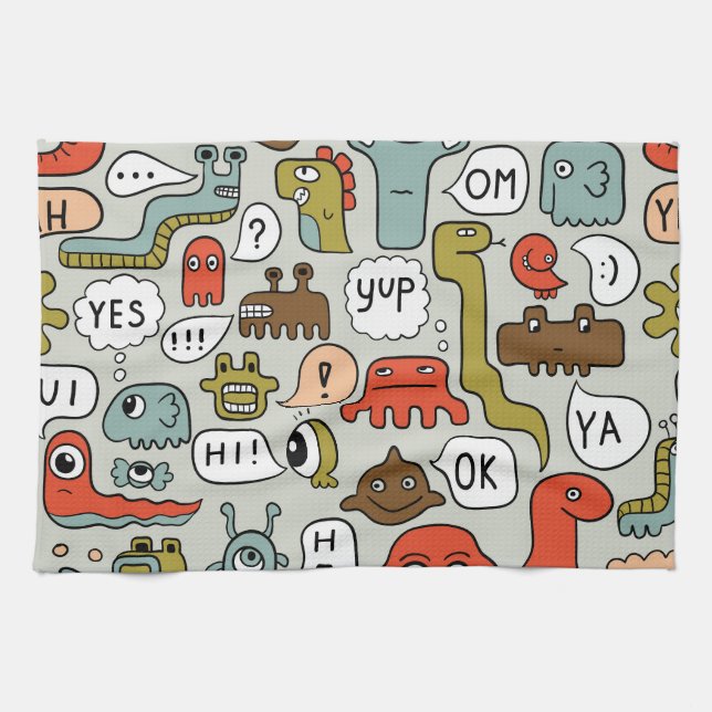 Cute Cartoon Monsters: Seamless Background Kitchen Towel (Horizontal)