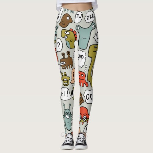 Cute Cartoon Monsters Seamless Background Leggings