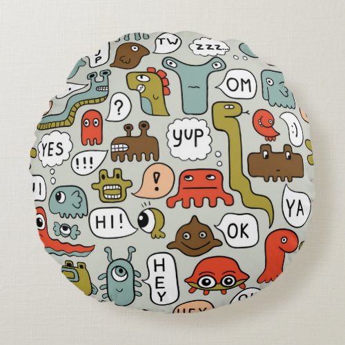 Cute Cartoon Monsters Seamless Background Round Pillow