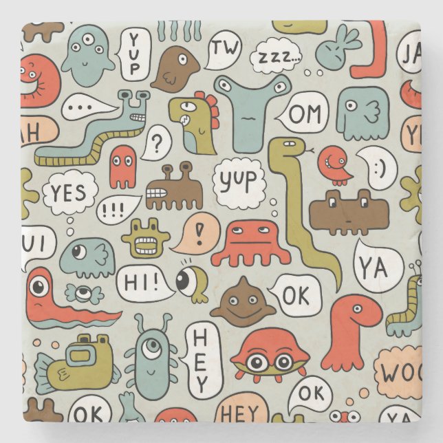 Cute Cartoon Monsters: Seamless Background Stone Coaster (Front)