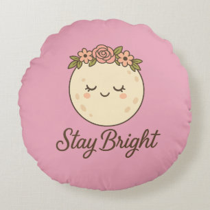 Cute Cartoon Moon with Flower Crown Sticker  Round Pillow