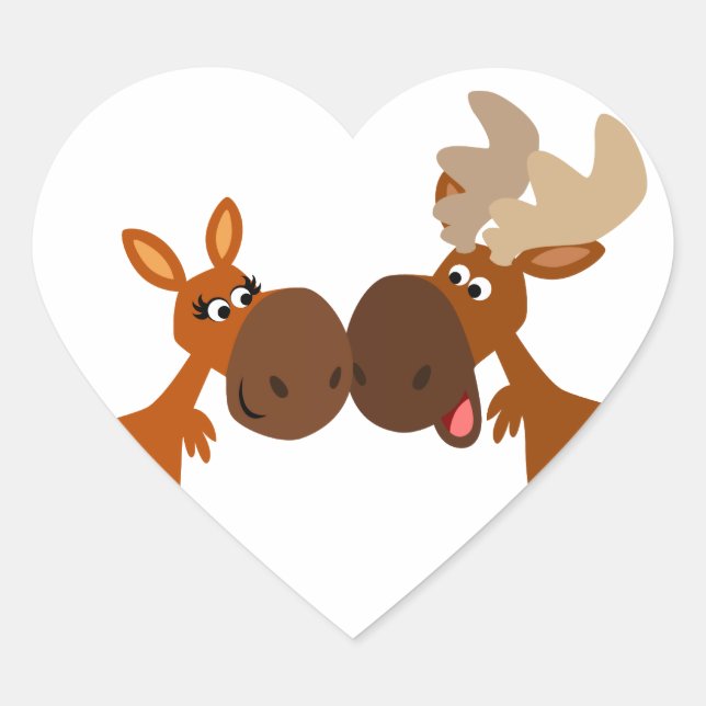 Cute Cartoon Moose Couple in Love Heart Sticker (Front)