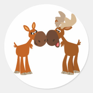 Cute Cartoon Moose Couple in Love Round Sticker