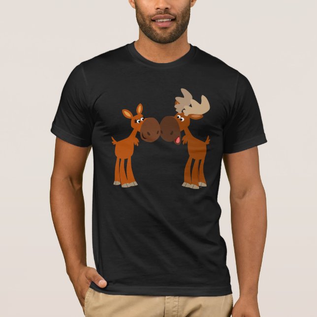 Cute Cartoon Moose Couple in Love T-Shirt (Front)