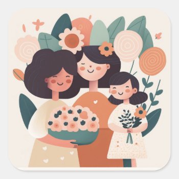 Cute Cartoon Mother Daughter Girls. Birthday Party Square Sticker by RemioniArt at Zazzle