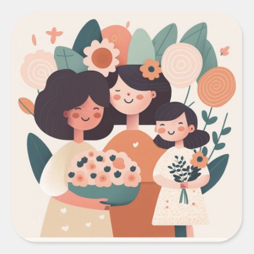 Cute cartoon mother daughter girls Birthday party Square Sticker