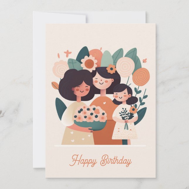 Cute cartoon mother daughter girls. Happy Birthday Holiday Card (Front)